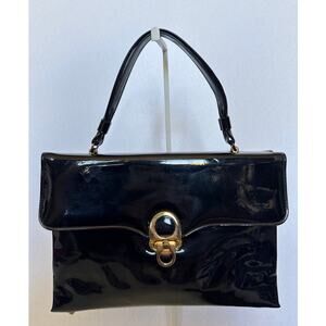 American VTG 50's Lewis top handle envelope patent glossy black gold clasp bag